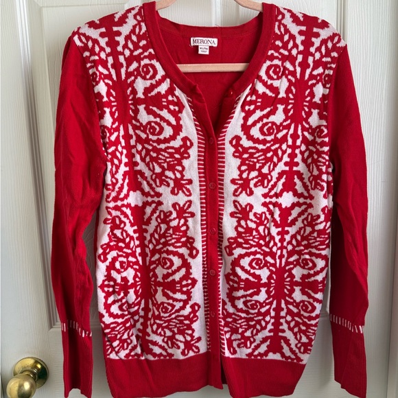 Merona Women's Festive Red and White Cardigan - Picture 2 of 8